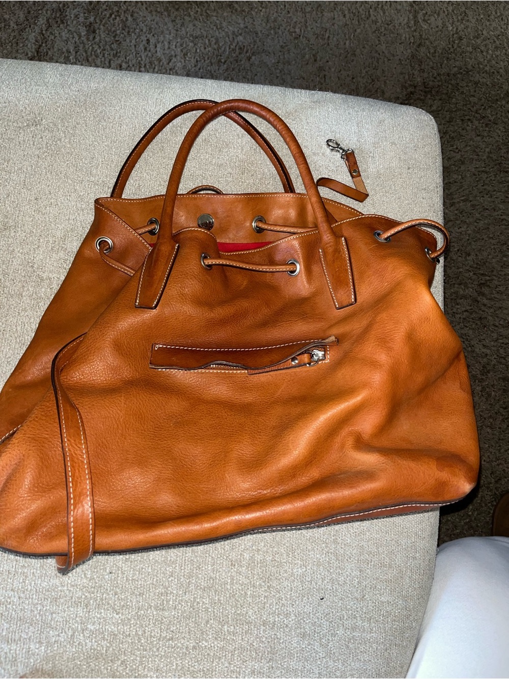 Spacious Cognac Leather Drawstring Tote